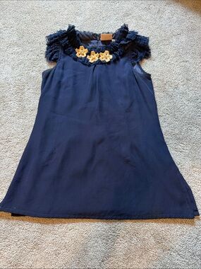 Rungolee Navy Floral Trim Sleeveless Blouse Beaded Rhinestones